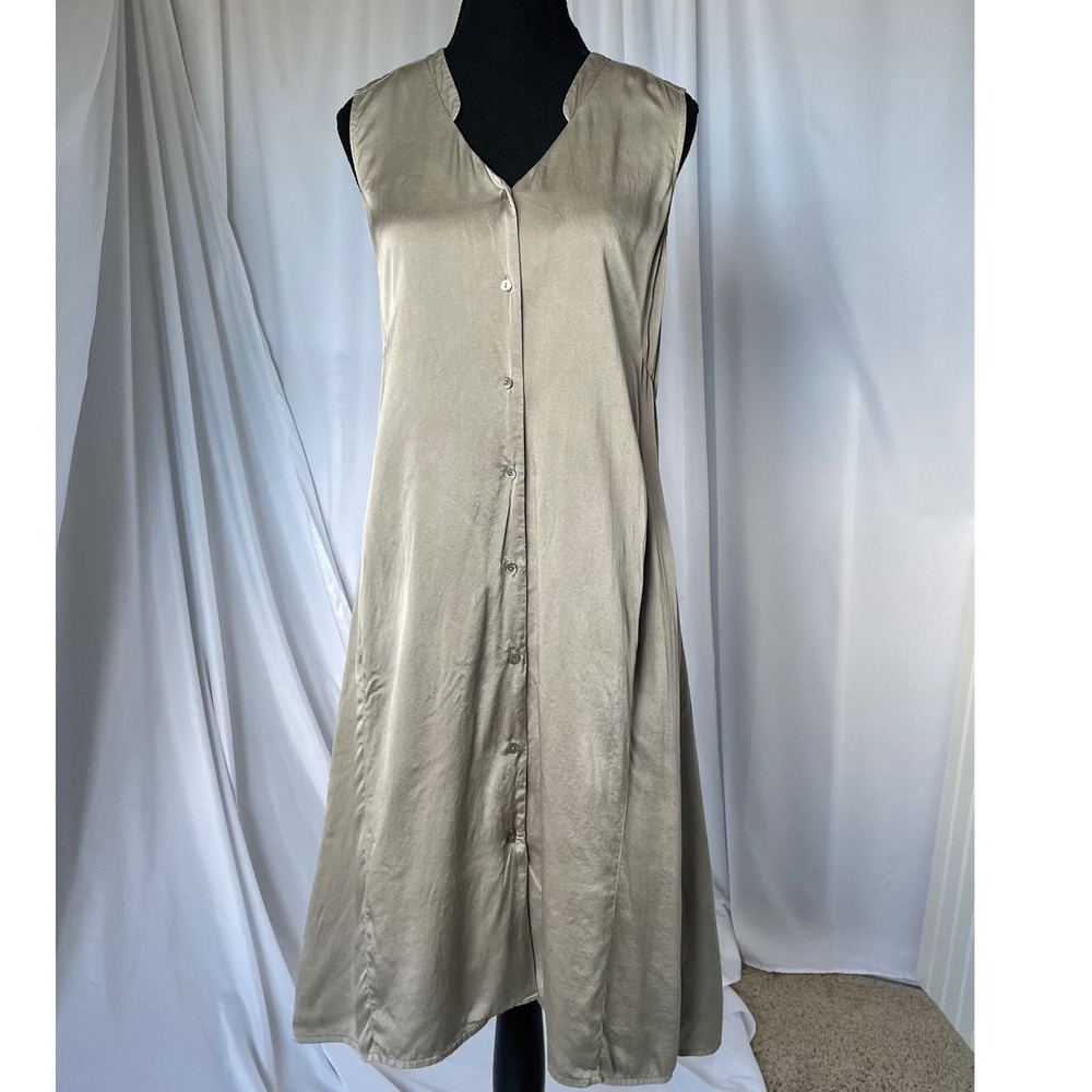 Eileen Fisher Silk Button Front Midi Shirt Dress Sz M Sage Gold Sleeveless